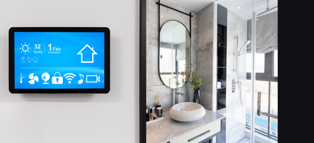 smart home system on intelligence screen on wall and background of modern bathroomのeditorial素材