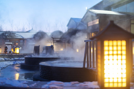 hot springs outdoor in jilin at nightのeditorial素材