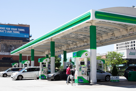 Chicago, US - Jul 18, 2018: BP or British Petroleum gas station in summer day. British Petroleum is a British multinational oil and gas companyのeditorial素材