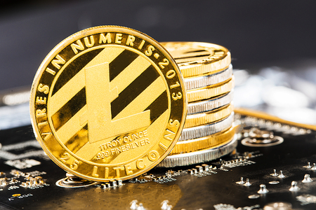 Silver Litecoin Cryptocurrency Digital Bit Coin BTC Currency Technology Business Internet Concept.のeditorial素材