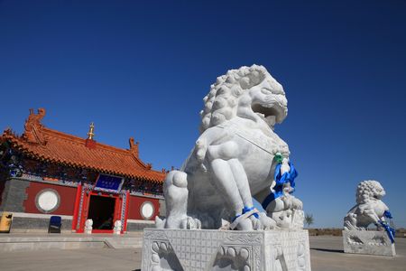 Stone lions standing on the threshold of the templeのeditorial素材
