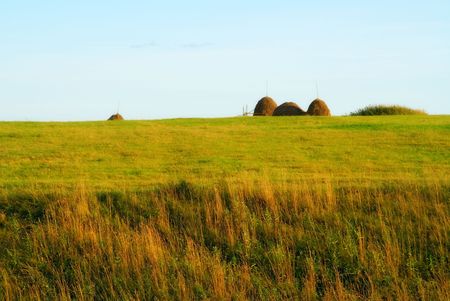 Haystacks on to the meadowの写真素材