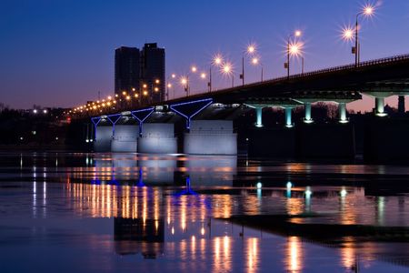 Nightly illumination of motor-car bridgeの写真素材