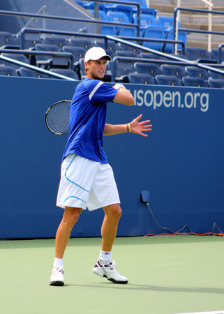  FLUSHING, NY - AUGUST 21: Professional tennis player Andreas Seppi practices for US Open at Louis Armstrong Stadium at Billie Jean King National Tennis Center on August 21, 2012 in Flushing, NY.のeditorial素材