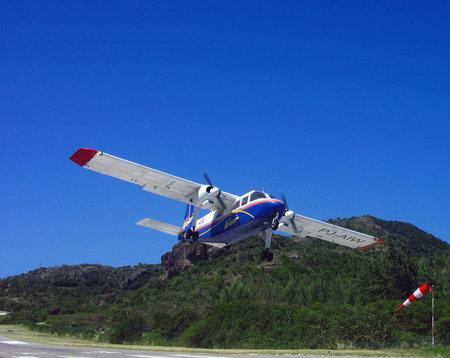 Small plane taking off from St  Barths airportのeditorial素材