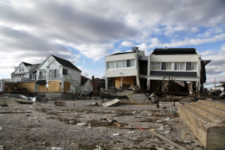 FAR ROCKAWAY, NY - NOVEMBER 4: Destroyed beach house in the aftermath of Hurricane Sandy on November 4, 2012 in Far Rockaway, NYのeditorial素材