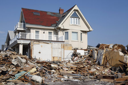 FAR ROCKAWAY, NY - NOVEMBER 11: Destroyed beach houses in the aftermath of Hurricane Sandy on November 11, 2012 in Far Rockaway, NYのeditorial素材