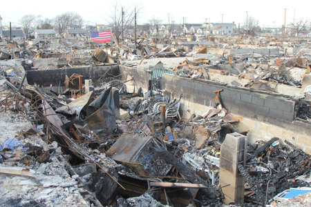 BREEZY POINT, NY - NOVEMBER 20: Burned houses in the aftermath of Hurricane Sandy on November 20, 2012 in Breezy Point, NY. More than 80 houses were destroyed in out-of-control six-alarm blaze.のeditorial素材
