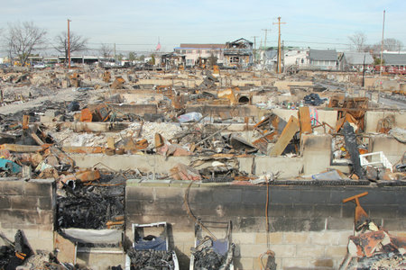 BREEZY POINT, NY - NOVEMBER 20: Burned houses in the aftermath of Hurricane Sandy on November 20, 2012 in Breezy Point, NY. More than 80 houses were destroyed in out-of-control six-alarm blaze.のeditorial素材