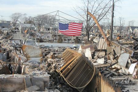 BREEZY POINT, NY - NOVEMBER 20: Burned houses in the aftermath of Hurricane Sandy on November 20, 2012 in Breezy Point, NY. More than 80 houses were destroyed in out-of-control six-alarm blaze.のeditorial素材