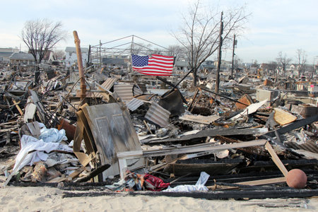 BREEZY POINT, NY - NOVEMBER 20: Burned houses in the aftermath of Hurricane Sandy on November 20, 2012 in Breezy Point, NY. More than 80 houses were destroyed in out-of-control six-alarm blaze.のeditorial素材