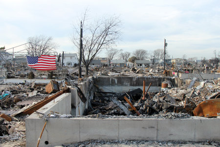 BREEZY POINT, NY - NOVEMBER 20: Burned houses in the aftermath of Hurricane Sandy on November 20, 2012 in Breezy Point, NY. More than 80 houses were destroyed in out-of-control six-alarm blaze.のeditorial素材