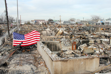 BREEZY POINT, NY - NOVEMBER 20: Burned houses in the aftermath of Hurricane Sandy on November 20, 2012 in Breezy Point, NY. More than 80 houses were destroyed in out-of-control six-alarm blaze.のeditorial素材