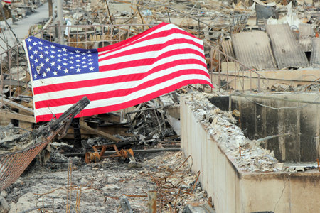 BREEZY POINT, NY - NOVEMBER 20: Burned house in the aftermath of Hurricane Sandy on November 20, 2012 in Breezy Point, NY. More than 80 houses were destroyed in out-of-control six-alarm blaze.のeditorial素材
