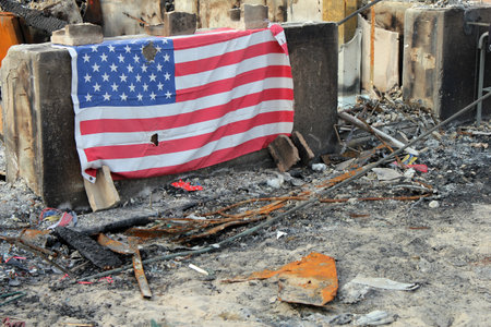 BREEZY POINT, NY - NOVEMBER 20: Burned houses in the aftermath of Hurricane Sandy on November 20, 2012 in Breezy Point, NY. More than 80 houses were destroyed in out-of-control six-alarm blaze.のeditorial素材