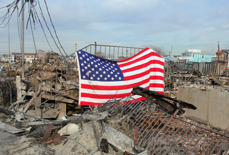 BREEZY POINT, NY - NOVEMBER 20: Burned houses in the aftermath of Hurricane Sandy on November 20, 2012 in Breezy Point, NY. More than 80 houses were destroyed in out-of-control six-alarm blaze.のeditorial素材