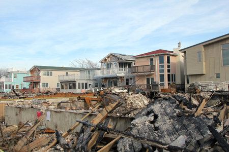BREEZY POINT, NY - NOVEMBER 20: Burned houses in the aftermath of Hurricane Sandy on November 20, 2012 in Breezy Point, NY. More than 80 houses were destroyed in out-of-control six-alarm blaze.のeditorial素材