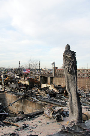 BREEZY POINT, NY - NOVEMBER 20: Burned houses in the aftermath of Hurricane Sandy on November 20, 2012 in Breezy Point, NY. More than 80 houses were destroyed in out-of-control six-alarm blaze.のeditorial素材