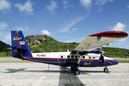 ST. BARTHS, FRENCH WEST INDIES -NOVEMBER 9: Winair  DHC-6 aircraft ready to take off on November 9, 2012 at St  Barths airport.のeditorial素材