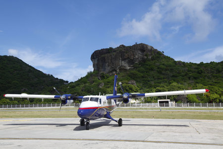 ST. BARTHS, FRENCH WEST INDIES -NOVEMBER 9: Winair  DHC-6 aircraft ready to take off on November 9, 2012 at St  Barths airport.のeditorial素材
