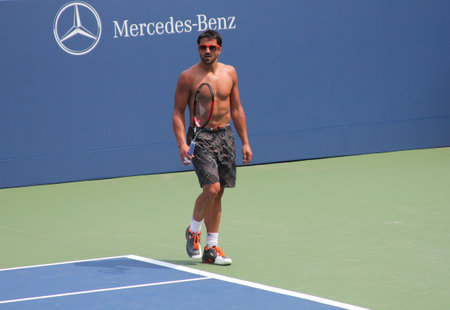 FLUSHING, NY - AUGUST 23: Professional tennis player Janko Tipsarevic practices for US Open at Billie Jean King National Tennis Center on August 23, 2012 in Flushing, NYのeditorial素材