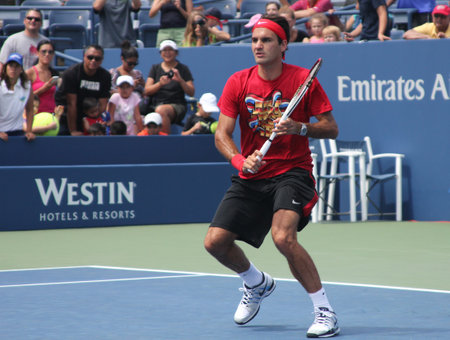 FLUSHING, NY - AUGUST 25: Seventeen times  Grand Slam champion Roger Federer practices for US Open at Louis Armstrong Stadium at Billie Jean King National Tennis Center on August 25, 2012 in Flushing, NY. のeditorial素材