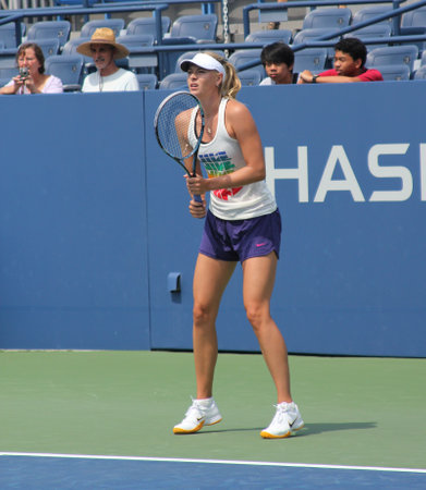FLUSHING, NY - AUGUST 23: Four times Grand Slam champion Maria Sharapova practices for US Open at Louis Armstrong Stadium at Billie Jean King National Tennis Center on August 23, 2012 in Flushing, NY. のeditorial素材