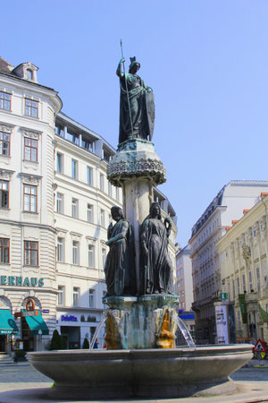 VIENNA, AUSTRIA - SEPTEMBER 3: Austria Fountain on the Freyung square on September 3, 2012 in Vienna, Austria. The fountain has the theme of four rivers (Elbe, Vistula, Danube and Po) that formerly flowed through the Austrian Empire. のeditorial素材
