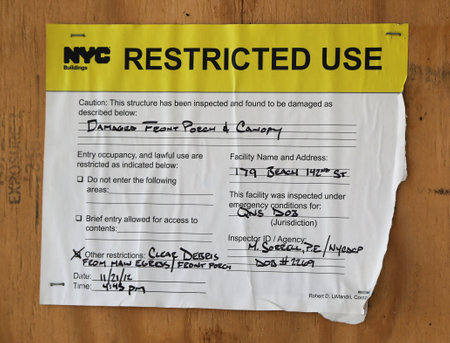 FAR ROCKAWAY, NY - FEBRUARY 28: Notice of restricted use placed on destroyed beach house in the aftermath of Hurricane Sandy on February, 28, 2013 in Far Rockaway, NYのeditorial素材