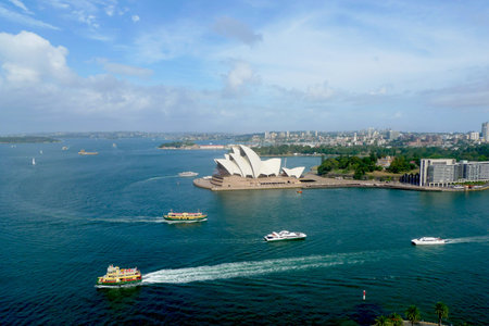 SYDNEY, AUSTRALIA - FEBRUARY 2: Areal view at  Opera House and Sydney harbor on February 2, 2009  in Sydney, Australia.Opera House is one of the most famous performing arts centers in the worldのeditorial素材