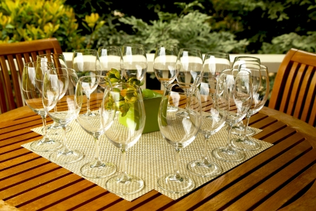 Wine glasses prepared for wine tastingの写真素材