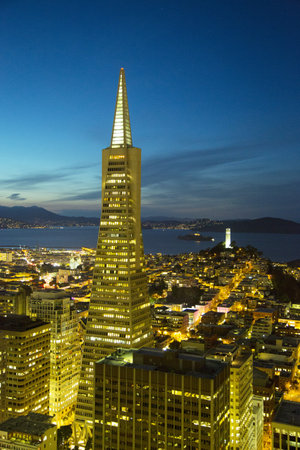SAN FRANCISCO,CA - MARCH 28:Areal view on Transamerica pyramid and city of San Francisco at dusk on March 28, 2013. The Transamerica Pyramid is the tallest skyscraper in San Francisco のeditorial素材