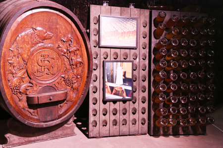 NAPA VALLEY, CA - MARCH 26: Champagne bottles stored in Schramsberg cellar during riddling on March 26, 2013. Schramsberg is the first U.S. wine to match the style and quality of the best French Champagnesのeditorial素材