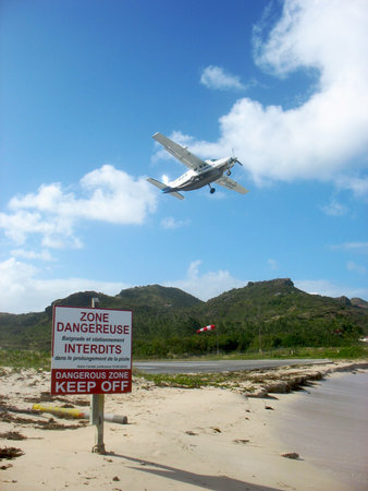 Small plane taking off from St  Barths airportのeditorial素材