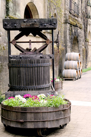 Old wine press and barrels at the vineyardのeditorial素材