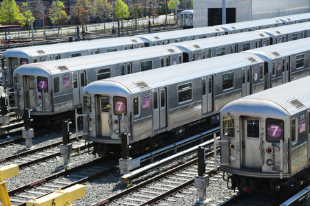 FLUSHING, NEW YORK - MAY 2: NYC  subway cars in a depot on May 2, 2013. It is the most extensive...