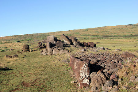 Ahu Vinapu platform with fallen moui at the Easter Island, Chile. Easter Island has at least 313 ceremonial platforms or open-air temple sanctuaries erected in honor of the gods and deified ancestorsのeditorial素材