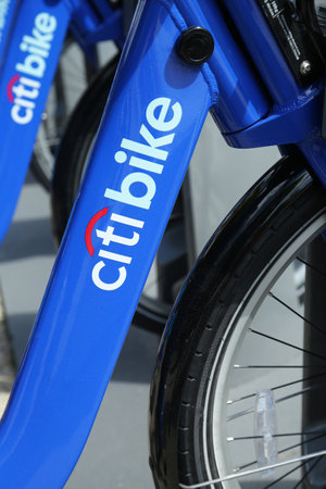 NEW YORK - May 26: Citi bikes ready for business in New York on May 26, 2013. NYC bike share system ready to hit the road in Manhattan and Brooklyn on May 27, 2013のeditorial素材