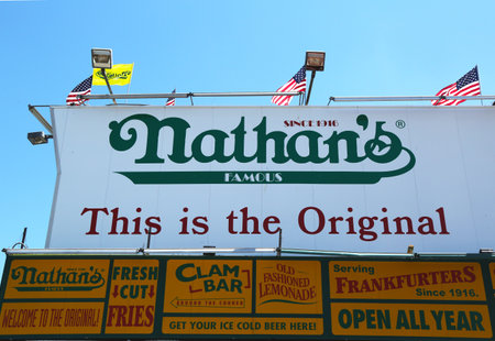 BROOKLYN, NEW YORK - May 27: The Nathan s original restaurant sign on May 27, 2013 at Coney Island, New York. The original Nathan s still exists on the same site that it did in 1916 のeditorial素材