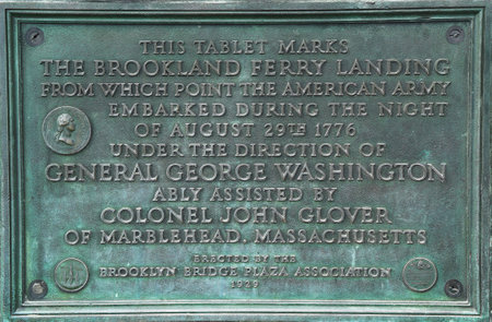 Plaque located at the Brookland Ferry site in Brooklyn Bridge Park   It is the place where George Washington escaped with his troops after the Battle of Long Islandのeditorial素材