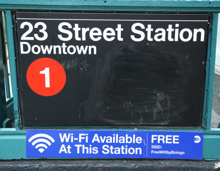NEW YORK CITY - JUNE 27  Subway entrance at 23rd Street in NYC on June 27, 2013  Station has free Wi-Fi available  Owned by the NYC Transit Authority, the subway system has 469 stations in operation のeditorial素材