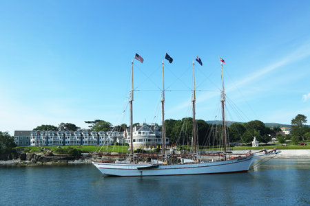 BAR HARBOR, MAINE - JULY 6: The Margaret Todd ship in historic Bar Harbor on July 6, 2013. Unique 151 foot four-masted schooner carries nine sails on her four masのeditorial素材