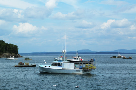 BAR HARBOR, MAINE - JULY 6: Lobster boats at Frenchman Bay near Bar Harbor, Maine on July,6, 2013. Bar Harbor is a famous summer colony in the Down East region of Maine famous for lobster fishing のeditorial素材