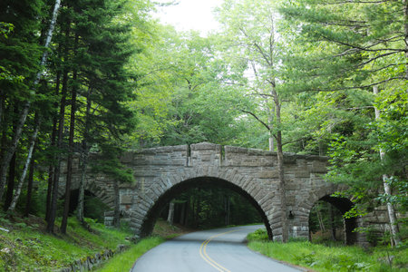 ACADIA NATIONAL PARK, MAINE - JULY 6: Stanley Brook Bridge in Acadia National Park on July 6, 2013. 45 miles of rustic carriage roads have 17 unique in design stone-faced bridges のeditorial素材