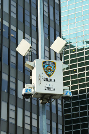NEW YORK CITY - JUNE 27: NYPD security camera in Manhattan on June 27, 2013. NYPD develops surveillance system network of 3,000 cameras and 2,600 radiation detectors.のeditorial素材