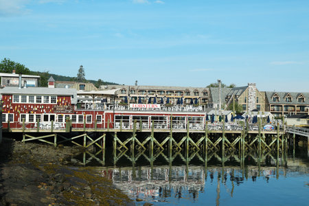 BAR HARBOR, MAINE - JULY 6  Dockside lobster restaurant in historic Bar Harbor on July 6, 2013  Bar Harbor is a famous location in Down East Maine with a long history of lobstering のeditorial素材