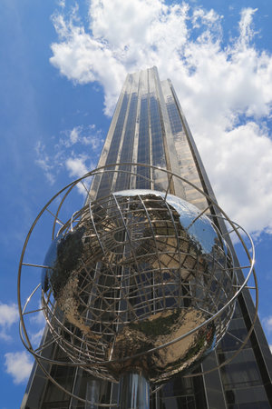 Globe in the front of Trump International Hotel and Tower at Columbus Circle, Manhattan, New Yorkのeditorial素材