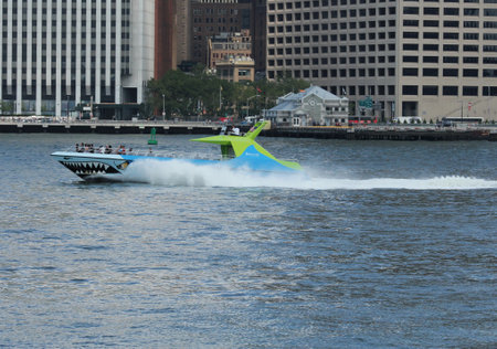 NEW YORK - AUGUST 17  Shark Speedboat in New York Harbor on August 17, 2013  Circle Line Downtown offers 30 minutes speedboat ride from Pier 16 in New York Cityのeditorial素材