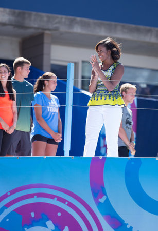 FLUSHING, NY - AUGUST 24 First Lady Michelle Obama joined by professional tennis players at Arthur Ashe Kids Day at Billie Jean King National Tennis Center on August 24, 2013 in Flushing, NYのeditorial素材