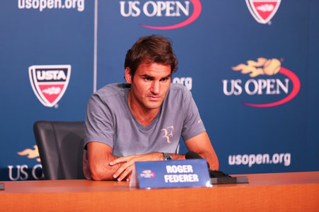 FLUSHING, NY - AUGUST 24  Seventeen times Grand Slam champion Roger Federer during press conference at Billie Jean King National Tennis Center on August 24, 2013 in Flushing, NYのeditorial素材